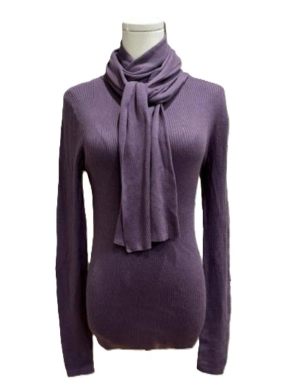 MICHAEL KORS Purple Rib-Knit Crewneck Sweater with Detachable Scarf Lg NWT $99